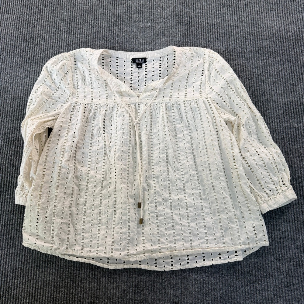 ana Womens Eyelet Peasant Blouse Large White Cotton Tassel Tie Neck 3/4 Sleeve